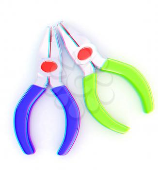 colorful pliers to work. 3D illustration. Anaglyph. View with red/cyan glasses to see in 3D.