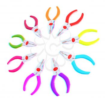 colorful pliers to work. 3D illustration. Anaglyph. View with red/cyan glasses to see in 3D.