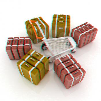 Trolley for luggage at the airport and luggage. 3D illustration. Anaglyph. View with red/cyan glasses to see in 3D.