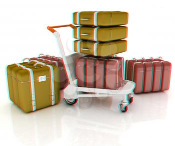 Trolley for luggage at the airport and luggage. 3D illustration. Anaglyph. View with red/cyan glasses to see in 3D.