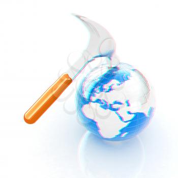 Hammer and earth on white background . 3D illustration. Anaglyph. View with red/cyan glasses to see in 3D.