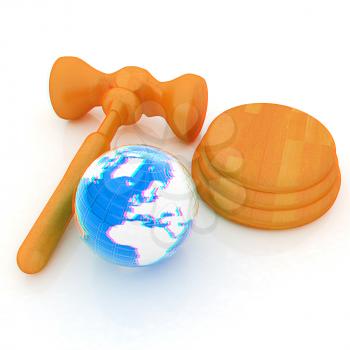 Wooden gavel and earth isolated on white background. Global auction concept. 3D illustration. Anaglyph. View with red/cyan glasses to see in 3D.