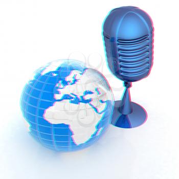 Global online with earth and mic. 3D illustration. Anaglyph. View with red/cyan glasses to see in 3D.