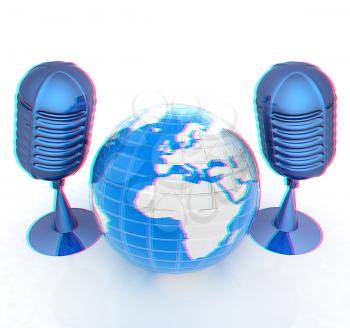 Global online with earth and mics. 3D illustration. Anaglyph. View with red/cyan glasses to see in 3D.