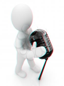 3D man with a microphone on a white background . 3D illustration. Anaglyph. View with red/cyan glasses to see in 3D.