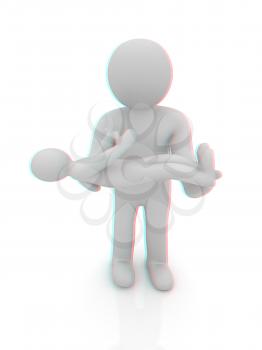 3d man holds a baby on hands. 3D illustration. Anaglyph. View with red/cyan glasses to see in 3D.