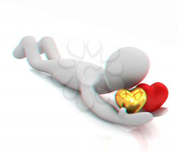 3D human lying and holds hearts. 3D illustration. Anaglyph. View with red/cyan glasses to see in 3D.