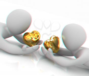 3D humans lying and holds heart. 3D illustration. Anaglyph. View with red/cyan glasses to see in 3D.