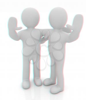 Friends standing next to an embrace and raised one's hand for greeting. 3d image. Isolated white background.. 3D illustration. Anaglyph. View with red/cyan glasses to see in 3D.