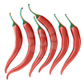 Hot chilli pepper set isolated on white background. 3D illustration. Anaglyph. View with red/cyan glasses to see in 3D.
