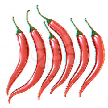 Hot chilli pepper set isolated on white background. 3D illustration. Anaglyph. View with red/cyan glasses to see in 3D.