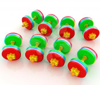 Colorful dumbbells on a white background. 3D illustration. Anaglyph. View with red/cyan glasses to see in 3D.