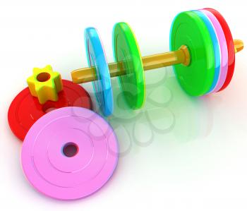 Colorful dumbbells are assembly and disassembly on a white background. 3D illustration. Anaglyph. View with red/cyan glasses to see in 3D.
