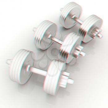 Metall dumbbells on a white background. 3D illustration. Anaglyph. View with red/cyan glasses to see in 3D.
