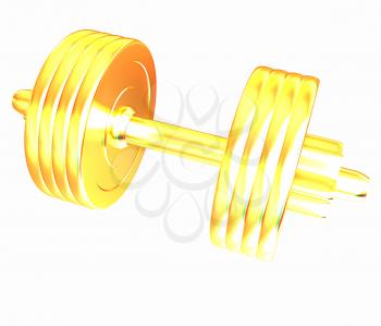 Gold dumbbells isolated on a white background. 3D illustration. Anaglyph. View with red/cyan glasses to see in 3D.