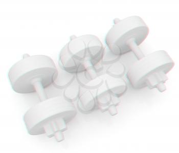 White dumbbells on a white background. 3D illustration. Anaglyph. View with red/cyan glasses to see in 3D.