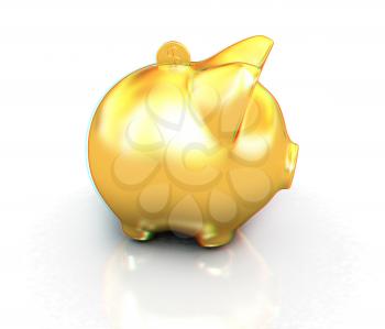 Financial, savings and business concept with a golden piggy bank or money box on white background. . 3D illustration. Anaglyph. View with red/cyan glasses to see in 3D.