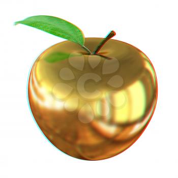 Gold apple isolated on white background. Series: Golden apple under different environments. 3D illustration. Anaglyph. View with red/cyan glasses to see in 3D.