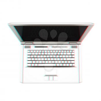 Laptop computer with black screen. View from top close-up. 3D illustration. Anaglyph. View with red/cyan glasses to see in 3D.
