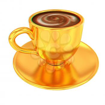 Gold coffee cup on saucer on a white background . 3D illustration. Anaglyph. View with red/cyan glasses to see in 3D.