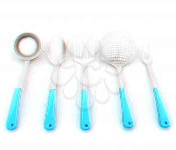 cutlery on a white background . 3D illustration. Anaglyph. View with red/cyan glasses to see in 3D.