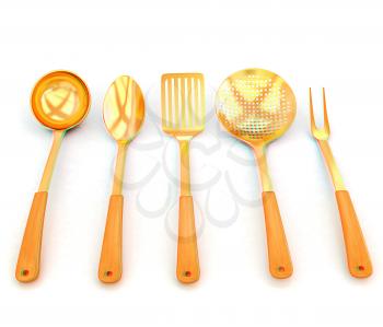 gold cutlery on white background . 3D illustration. Anaglyph. View with red/cyan glasses to see in 3D.