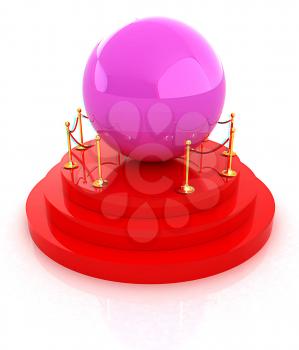 Glossy pink ball on podium on a white background . 3D illustration. Anaglyph. View with red/cyan glasses to see in 3D.