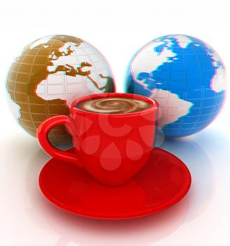 Mug of coffee with milk. Global concept with Earth. 3D illustration. Anaglyph. View with red/cyan glasses to see in 3D.