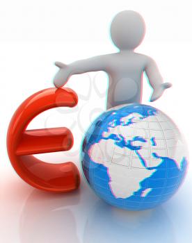 3d people - man, person presenting - euro with global concept with Earth. 3D illustration. Anaglyph. View with red/cyan glasses to see in 3D.