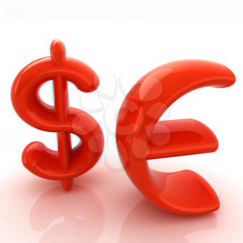 Euro and dollar sign. 3D illustration. Anaglyph. View with red/cyan glasses to see in 3D.