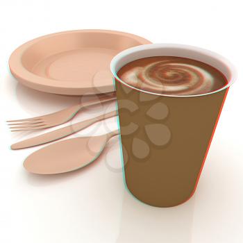 Fast-food disposable tableware. 3D illustration. Anaglyph. View with red/cyan glasses to see in 3D.