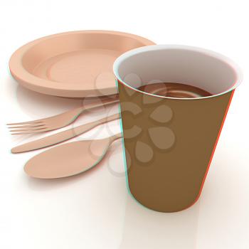 Fast-food disposable tableware. 3D illustration. Anaglyph. View with red/cyan glasses to see in 3D.
