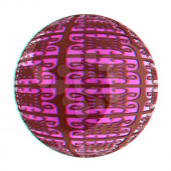 Arabic abstract glossy dark red geometric sphere and pink sphere inside. 3D illustration. Anaglyph. View with red/cyan glasses to see in 3D.