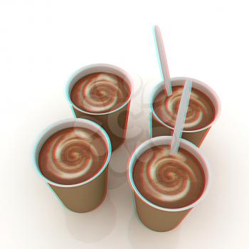 Coffe in fast-food disposable tableware. 3D illustration. Anaglyph. View with red/cyan glasses to see in 3D.