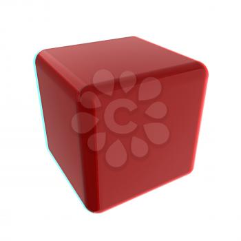 Icon, glossy red cube, abstract symbol. 3D illustration. Anaglyph. View with red/cyan glasses to see in 3D.