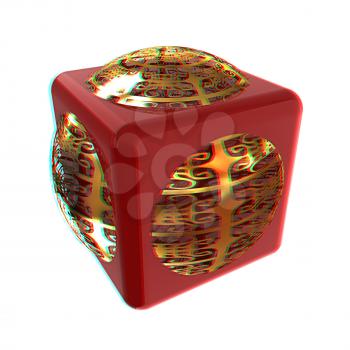 Sphere in a cube 3d design element. 3D illustration. Anaglyph. View with red/cyan glasses to see in 3D.
