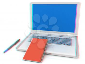 laptop and notepad on a white background. 3D illustration. Anaglyph. View with red/cyan glasses to see in 3D.
