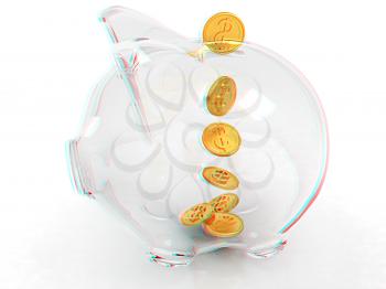 glass piggy bank and falling coins on white background. 3D illustration. Anaglyph. View with red/cyan glasses to see in 3D.