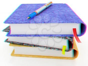 pen on notepad stack on a white background. 3D illustration. Anaglyph. View with red/cyan glasses to see in 3D.