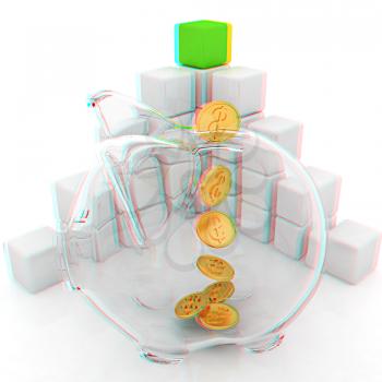 cubic diagram structure and piggy bank on a white background. 3D illustration. Anaglyph. View with red/cyan glasses to see in 3D.