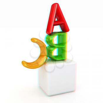 alphabet and blocks on a white background. 3D illustration. Anaglyph. View with red/cyan glasses to see in 3D.