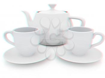3d cups and teapot on a white background. 3D illustration. Anaglyph. View with red/cyan glasses to see in 3D.