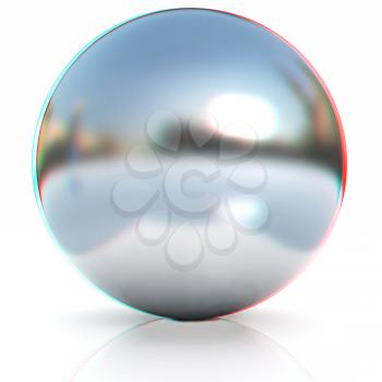 Chrome Ball 3d render on a white background. 3D illustration. Anaglyph. View with red/cyan glasses to see in 3D.