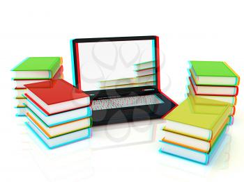 Colorful books and earth on a white background. 3D illustration. Anaglyph. View with red/cyan glasses to see in 3D.