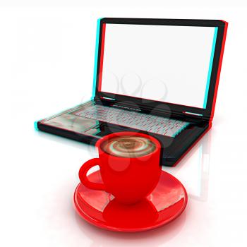 3d cup and a laptop on a white background. 3D illustration. Anaglyph. View with red/cyan glasses to see in 3D.