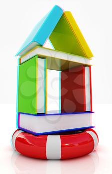 Books house on lifeline. On white background. 3D illustration. Anaglyph. View with red/cyan glasses to see in 3D.