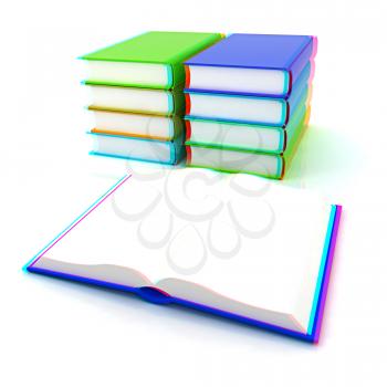 colorful real books on white background. 3D illustration. Anaglyph. View with red/cyan glasses to see in 3D.