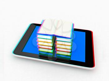 tablet pc and colorful real books on white background. 3D illustration. Anaglyph. View with red/cyan glasses to see in 3D.