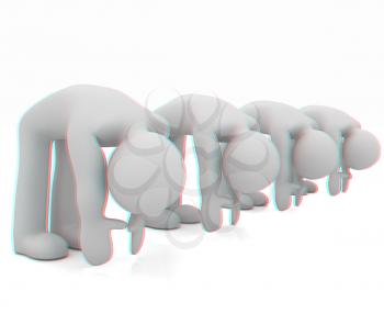 3d mans isolated on white. Series: morning exercises - flexibility exercises and stretching. 3D illustration. Anaglyph. View with red/cyan glasses to see in 3D.