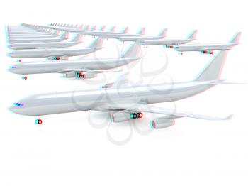 White airplanes on a white background. 3D illustration. Anaglyph. View with red/cyan glasses to see in 3D.